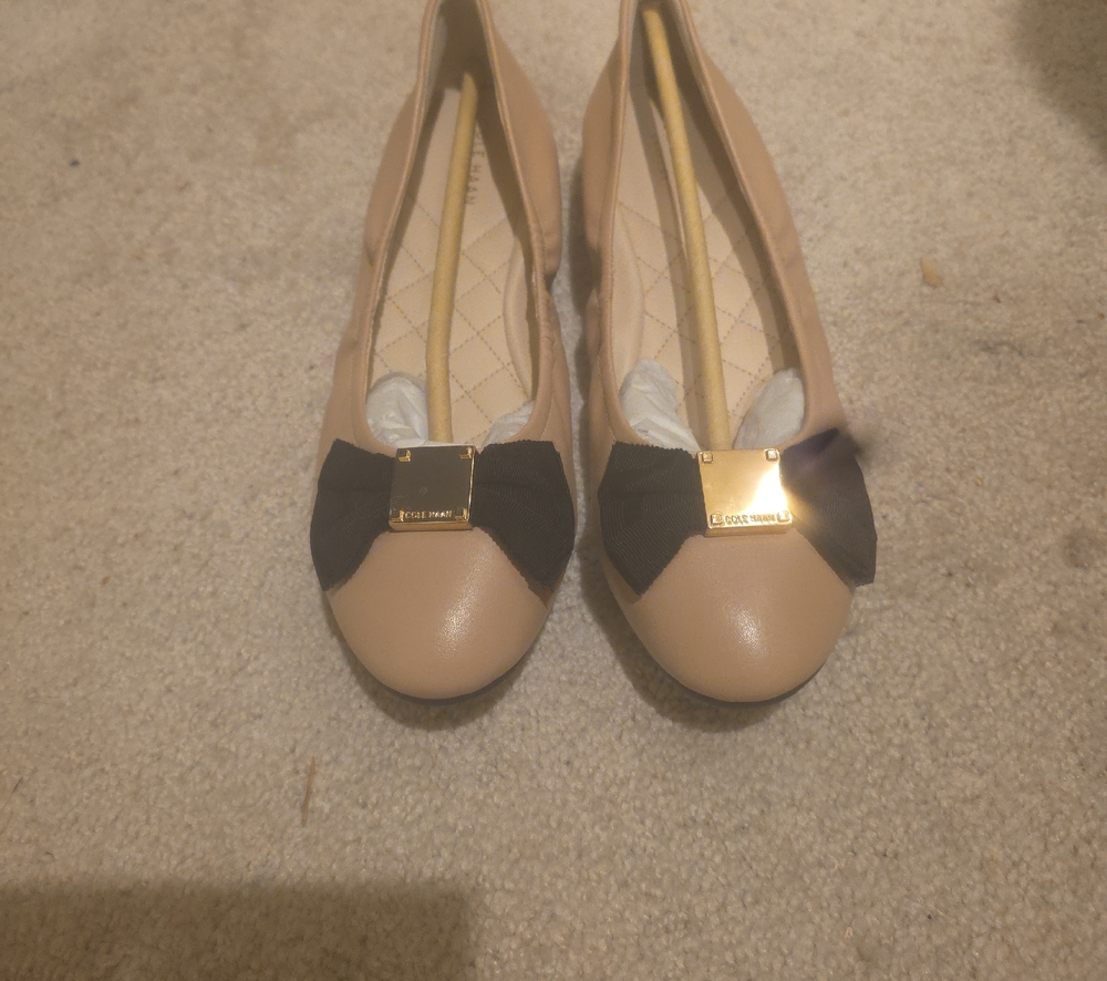 Cole Haan Nude Ballet Flats with Black Bow and Gold Plaque Never Worn